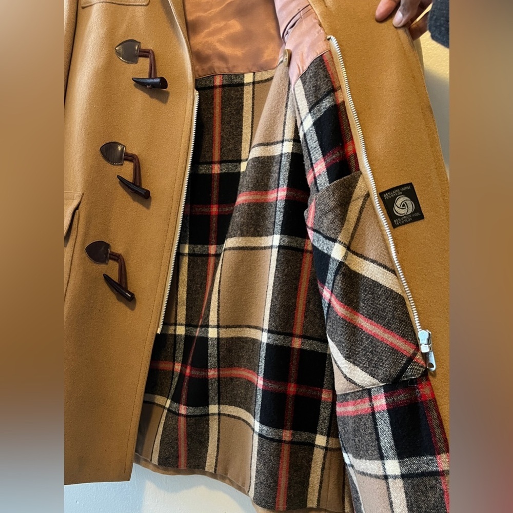 Vintage Utex Mens Camel Toggle Coat Size 40 Plaid Lining Virgin Wool Winter Coat - Picture 7 of 16